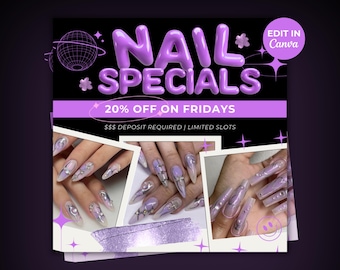 Nail Specials Booking Flyer Nails Appointment Nail Tech Bookings Available Nail Tech Flyer Canva Template Editable Y2K Nail Tech Branding