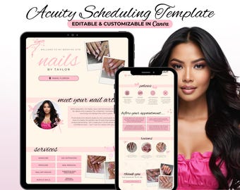 May include: A pink and white website template for a nail salon business. The template includes a welcome message, a section about the nail artist, a list of services, and a section on policies and before your appointment information. The template is customizable in Canva.