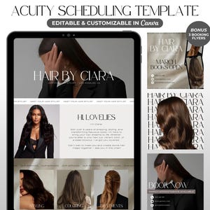 Puede incluir: Una maqueta de sitio web para una peluquería llamada "Hair by Ciara" con un esquema de color blanco y negro. El sitio web presenta una foto de la estilista y una descripción de sus servicios. El sitio web también incluye un botón de reserva.