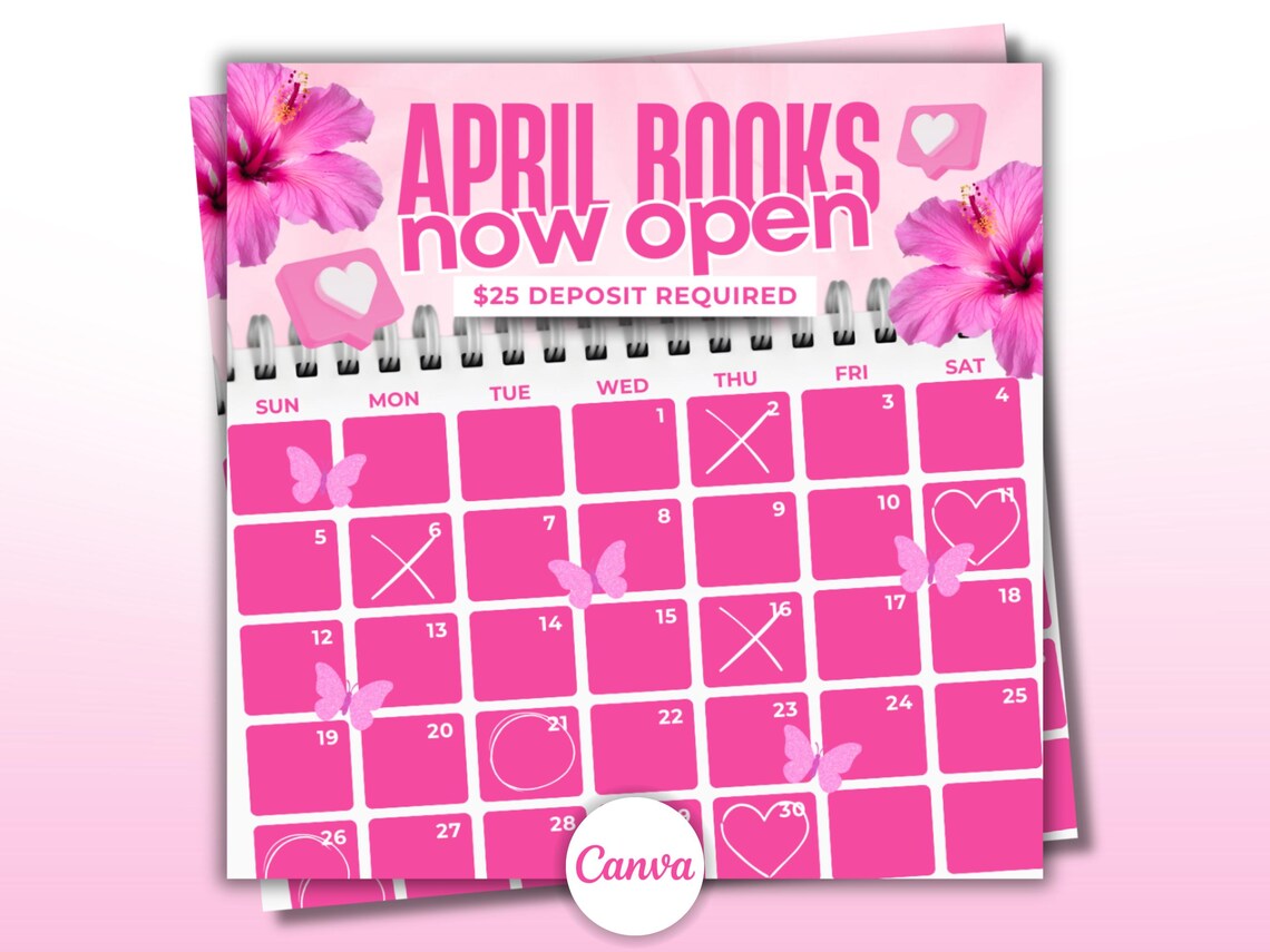 April Bookings Open April Calendar Availability Monthly Bookings ...