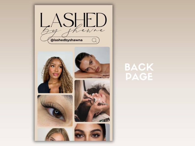 May include: A collage of images promoting eyelash extensions. The text "LASHED by Shawna" and the social media handle "@lashedbyshawna" are displayed at the top of the image. The text "BACK PAGE" is displayed on the right side of the image.