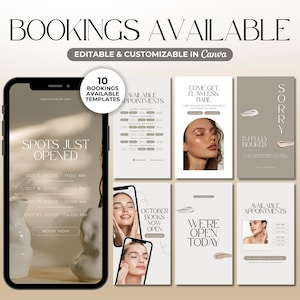 Puede incluir: Imagen promocional con el texto "BOOKINGS AVAILABLE" y "EDITABLE & CUSTOMIZABLE IN Canva". La imagen muestra un teléfono inteligente con plantillas de reserva y otros gráficos promocionales. La paleta de colores es neutra con tonos beige y marrón.