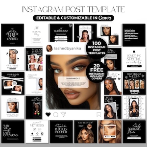 Könnte beinhalten: Eine Sammlung von schwarz-weißen Instagram-Post-Vorlagen, editierbar und anpassbar in Canva. Das Design umfasst Bilder von Frauen mit Wimpernverlängerungen, Text wie "Lash Babe" und Sätze wie "Fully Booked".