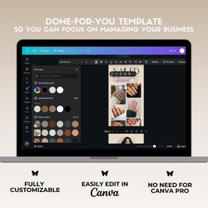 Op de afbeelding: Een laptopscherm waarop een Canva-ontwerptemplate voor een nagelsalon wordt weergegeven. De template bevat een collage van afbeeldingen van gemanicuurde nagels en de tekst "NAILED IT". De tekst onder het laptopscherm luidt "VOLLEDIG AANPASBAAR", "GEBRUIKELIJK BEWERKEN IN Canva" en "GEEN CANVA PRO NODIG".