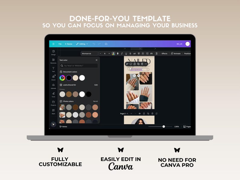 Op de afbeelding: Een laptopscherm waarop een Canva-ontwerptemplate voor een nagelsalon wordt weergegeven. De template bevat een collage van afbeeldingen van gemanicuurde nagels en de tekst "NAILED IT". De tekst onder het laptopscherm luidt "VOLLEDIG AANPASBAAR", "GEBRUIKELIJK BEWERKEN IN Canva" en "GEEN CANVA PRO NODIG".