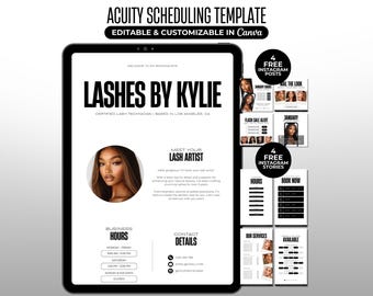 May include: A digital template for "Lashes by Kylie" lash technician services, displayed on a tablet. The design is black and white, featuring the business name, contact details, and a photo of the lash artist. Includes Instagram post and story templates.