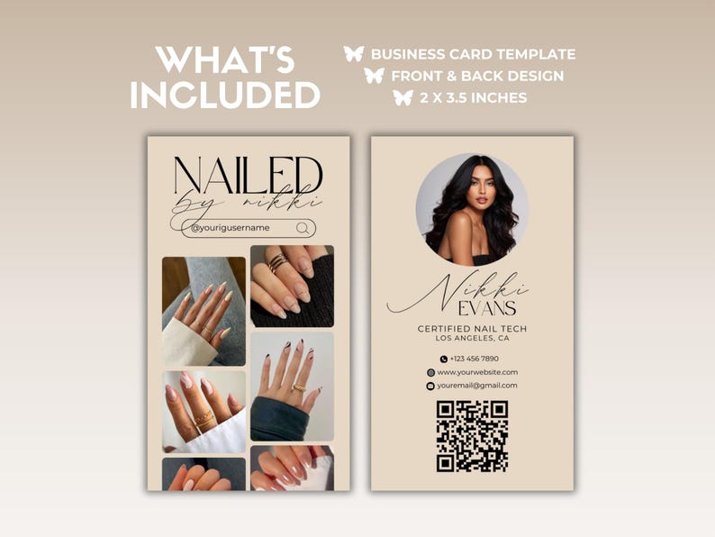 Op de afbeelding: Een visitekaartje sjabloon voor een nagelstyliste. De voorkant van de kaart toont een collage van gemanicuurde nagels en de tekst "NAILED by nikki @yourigusername". De achterkant van de kaart toont een foto van de nagelstyliste, haar naam, titel, contactgegevens en een QR-code.