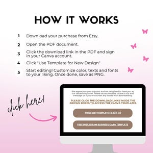 Pode incluir: Um ecr&atilde; de computador exibe instru&ccedil;&otilde;es sobre como usar um modelo. O texto diz "How It Works" com etapas numeradas. Borboletas cor-de-rosa e as palavras "click here!" tamb&eacute;m s&atilde;o vis&iacute;veis.