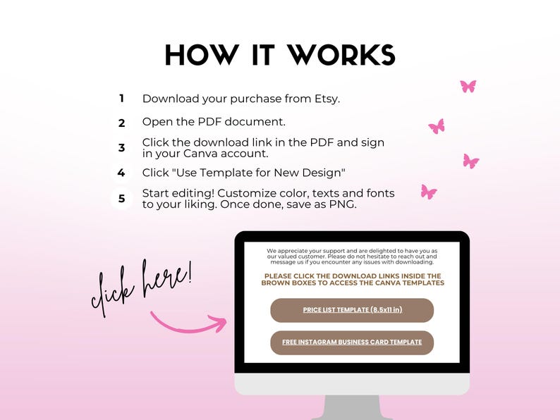 Pode incluir: Um ecr&atilde; de computador exibe instru&ccedil;&otilde;es sobre como usar um modelo. O texto diz "How It Works" com etapas numeradas. Borboletas cor-de-rosa e as palavras "click here!" tamb&eacute;m s&atilde;o vis&iacute;veis.