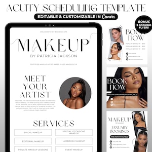 Peut inclure: Un modèle numérique noir et blanc pour la planification des rendez-vous de maquillage. Le modèle présente une photo d'une femme à la peau foncée et une queue de cheval noire. Le texte "Makeup by Patricia Jackson" est en haut du modèle. Le modèle comprend une section pour les services, tels que le maquillage de mariée, le maquillage éditorial et le maquillage pour les occasions spéciales. Le modèle comprend également une section pour la réservation de rendez-vous.