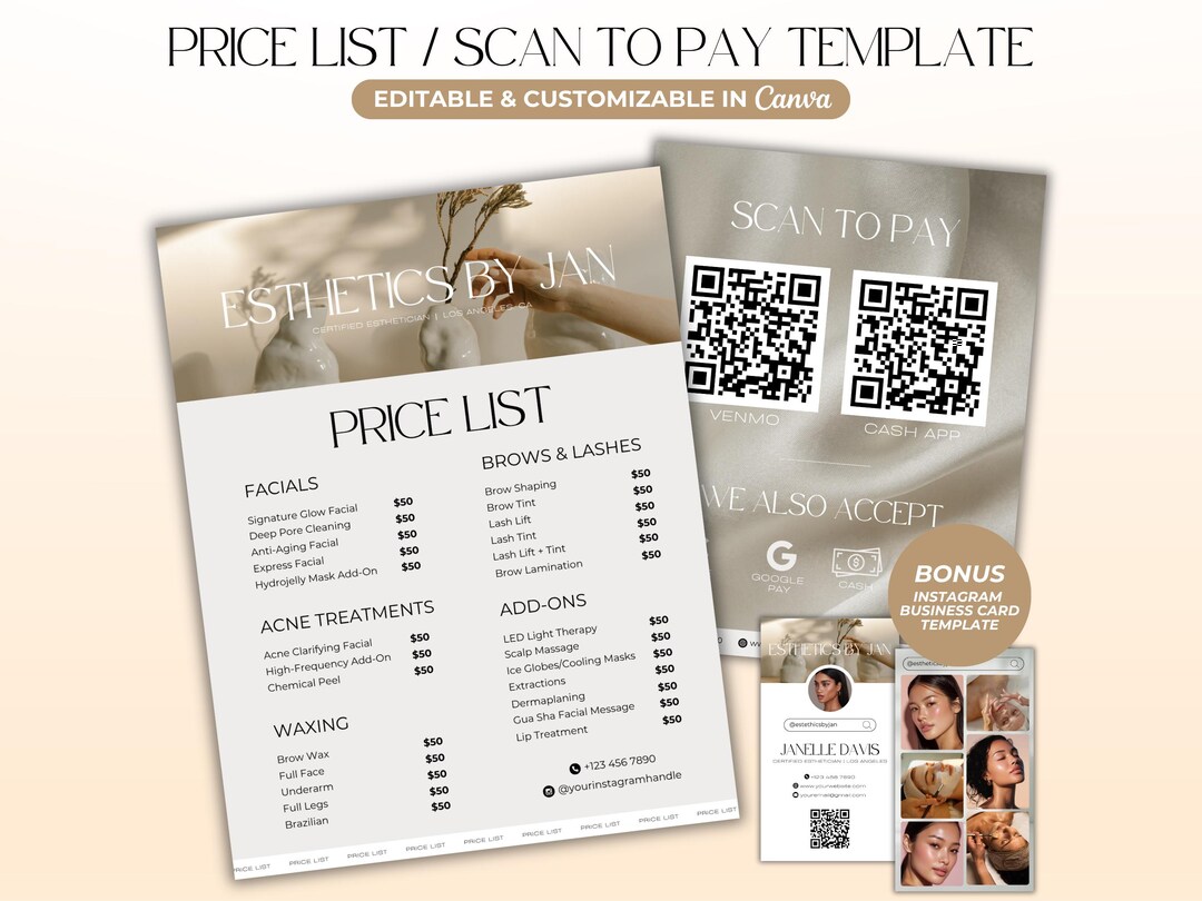 Price List Template Scan to Pay Sign Template QR Code Sign Esthetician ...