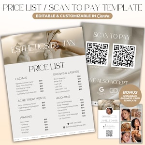 Modèle de liste de prix Modèle de panneau Scan to Pay Panneau de code QR Liste de prix pour entreprise esthéticienne Panneau de paiement modifiable Canva Modèle Medspa