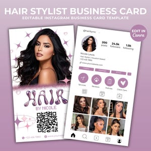 Modèle de carte de visite Instagram Année 2000 Carte de visite pour coiffeur Carte de visite beauté pour réseaux sociaux QR Code Modèle Canva de carte de visite IG