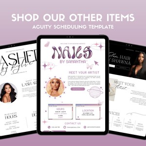 Puede incluir: Tres capturas de pantalla de sitios web para servicios de belleza. El primer sitio web es para extensiones de pesta&ntilde;as, el segundo para servicios de u&ntilde;as y el tercero para extensiones de cabello. Cada sitio web presenta una foto del artista e informaci&oacute;n sobre sus servicios.