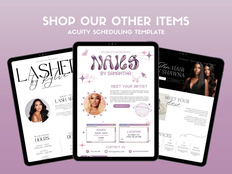 Puede incluir: Tres capturas de pantalla de sitios web para servicios de belleza. El primer sitio web es para extensiones de pesta&ntilde;as, el segundo para servicios de u&ntilde;as y el tercero para extensiones de cabello. Cada sitio web presenta una foto del artista e informaci&oacute;n sobre sus servicios.
