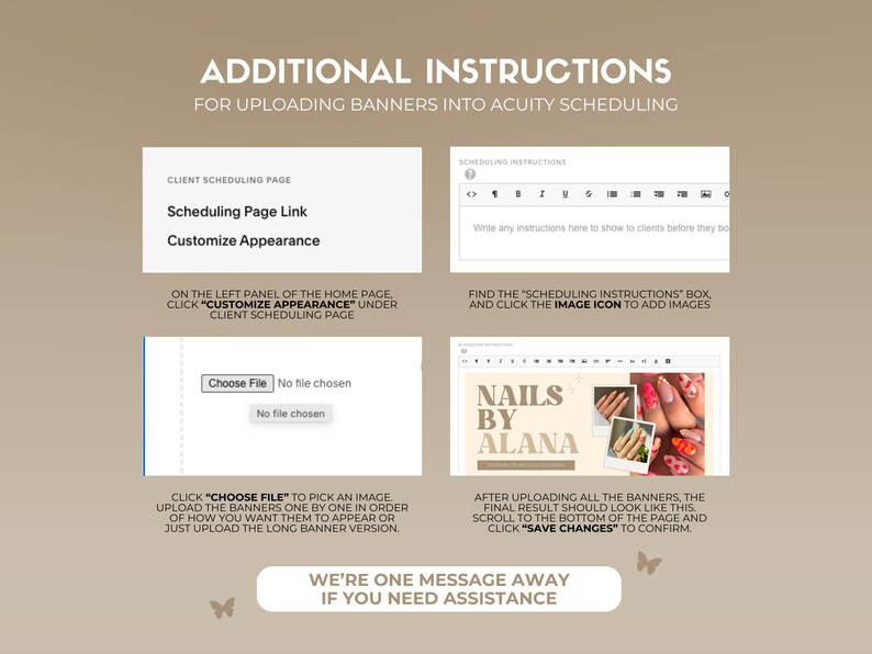 May include: Instructions on how to upload banners to Acuity Scheduling. The image shows a screenshot of the Acuity Scheduling platform with a section for uploading banners. The text "Choose File" is visible on the screen.
