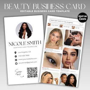 Modelo de cartão de visita do Instagram Cartão de visita de cílios Código QR de mídia social Cartão de visita de beleza Cabelo Unhas Maquiagem Peruca Cartão Modelo Canva