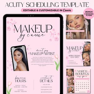 May include: A pink and white digital template for scheduling appointments for a makeup artist. The template features a photo of a woman with makeup, the text "Makeup by Cassie", and the words "Book Now".