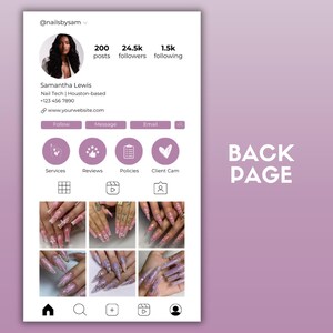 Puede incluir: P&aacute;gina de perfil de Instagram para una t&eacute;cnica de u&ntilde;as llamada Samantha Lewis. La foto de perfil muestra a una mujer con cabello oscuro y una blusa rosa. El perfil tiene 200 publicaciones, 24,5&nbsp;k seguidores y 1,5&nbsp;k seguidos. El perfil tambi&eacute;n incluye un n&uacute;mero de tel&eacute;fono y una direcci&oacute;n de sitio web. La p&aacute;gina incluye iconos para servicios, rese&ntilde;as, pol&iacute;ticas y c&aacute;mara de cliente. La p&aacute;gina tambi&eacute;n incluye una cuadr&iacute;cula de seis im&aacute;genes de diferentes dise&ntilde;os de u&ntilde;as.