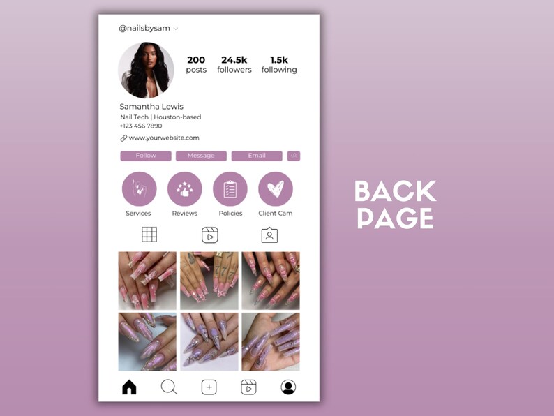 Puede incluir: P&aacute;gina de perfil de Instagram para una t&eacute;cnica de u&ntilde;as llamada Samantha Lewis. La foto de perfil muestra a una mujer con cabello oscuro y una blusa rosa. El perfil tiene 200 publicaciones, 24,5&nbsp;k seguidores y 1,5&nbsp;k seguidos. El perfil tambi&eacute;n incluye un n&uacute;mero de tel&eacute;fono y una direcci&oacute;n de sitio web. La p&aacute;gina incluye iconos para servicios, rese&ntilde;as, pol&iacute;ticas y c&aacute;mara de cliente. La p&aacute;gina tambi&eacute;n incluye una cuadr&iacute;cula de seis im&aacute;genes de diferentes dise&ntilde;os de u&ntilde;as.