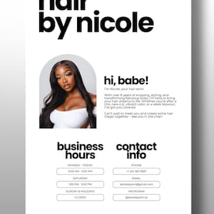 Może przedstawiać: Czarno-biała grafika dla fryzjera, "hair by nicole", z godzinami pracy, danymi kontaktowymi i zasadami rezerwacji. Zawiera zdjęcie kobiety z długimi, ciemnymi włosami. Szablon jest przeznaczony dla Acuity Scheduling z darmowymi postami i historiami na Instagramie.