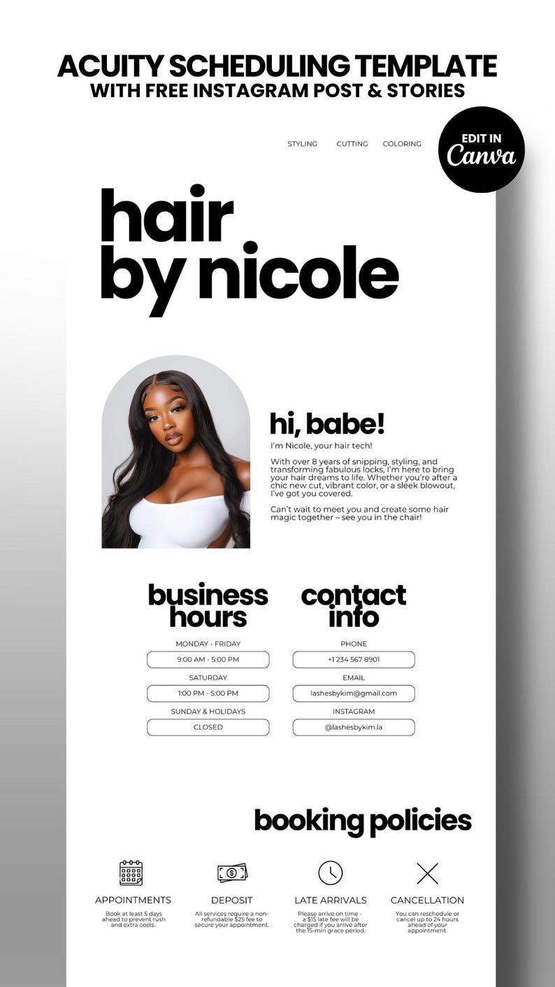 Może przedstawiać: Czarno-biała grafika dla fryzjera, "hair by nicole", z godzinami pracy, danymi kontaktowymi i zasadami rezerwacji. Zawiera zdjęcie kobiety z długimi, ciemnymi włosami. Szablon jest przeznaczony dla Acuity Scheduling z darmowymi postami i historiami na Instagramie.