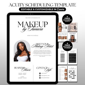 Puede incluir: Una tableta negra muestra una plantilla de sitio de reservas de una maquilladora. La plantilla incluye el texto "MAKEUP by Tamara" y "Meet Your Makeup Artist". También hay plantillas de publicaciones e historias de Instagram.