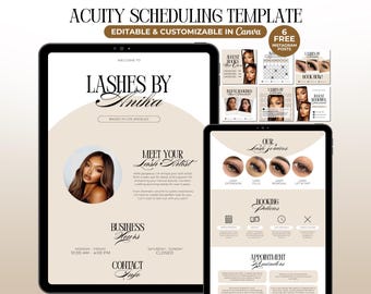 May include: A digital template for Acuity Scheduling, customizable in Canva, featuring a lash artist's branding. The design includes a welcome page, service details, booking policies, and Instagram posts. The template is designed for lash artists.