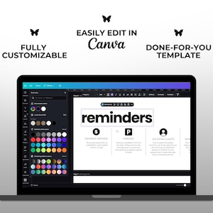 Może przedstawiać: Laptop wyświetlający szablon projektu w Canva. Na ekranie widnieje słowo "reminders" czcionką w kolorze czarnym. Widoczny jest r&oacute;wnież tekst "FULLY CUSTOMIZABLE", "EASILY EDIT IN Canva" i "DONE-FOR-YOU TEMPLATE".