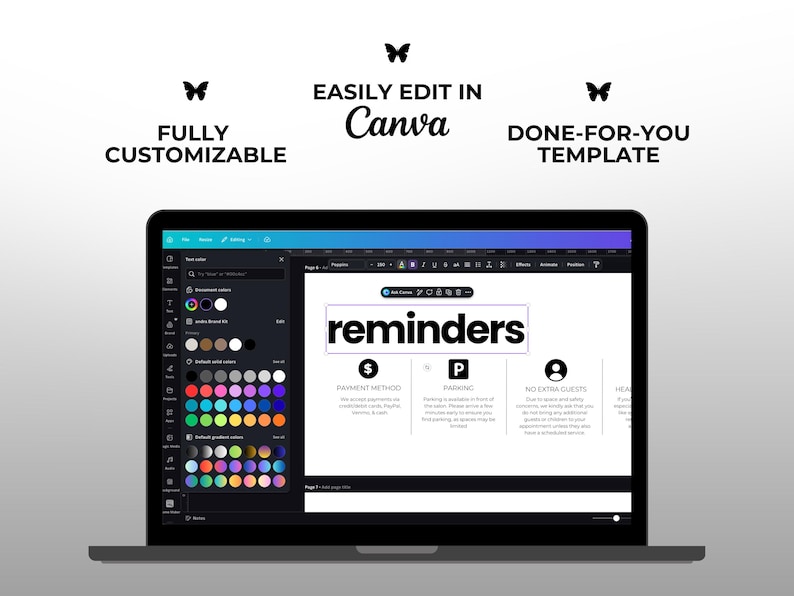Może przedstawiać: Laptop wyświetlający szablon projektu w Canva. Na ekranie widnieje słowo "reminders" czcionką w kolorze czarnym. Widoczny jest r&oacute;wnież tekst "FULLY CUSTOMIZABLE", "EASILY EDIT IN Canva" i "DONE-FOR-YOU TEMPLATE".