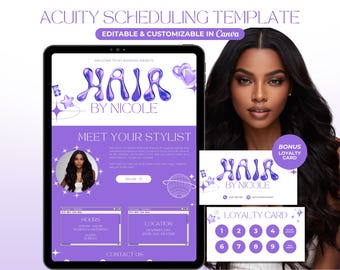 Puede incluir: Plantilla digital púrpura y blanca para un sitio web de salón de belleza con el texto "Hair by Nicole" y una tarjeta de fidelización con el texto "Bonus Loyalty Card".