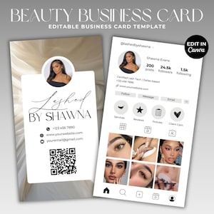 Visitenkarte Template DIY Instagram Visitenkarte Social Media QR Code Haar Wimpern Nägel Makeup Perücke Zöpfe IG Business Card Canva Template