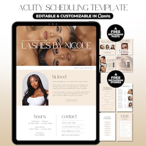 May include: A digital template for Acuity Scheduling, themed for a beauty salon. The tablet screen shows a lash artist's website with the text "Lashes by Nicole." Additional promotional materials include Instagram posts and stories. The template is editable and customisable in Canva.