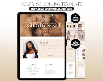 May include: A digital template for Acuity Scheduling, featuring a beauty salon theme. The tablet screen displays a lash artist's website with the text "Lashes by Nicole." Additional promotional materials include Instagram posts and stories. The template is editable and customizable in Canva.