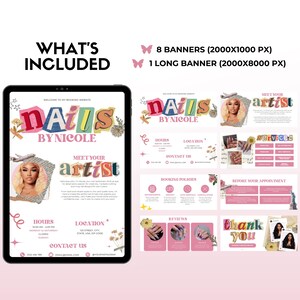 May include: A digital marketing kit for a nail salon called "Nails by Nicole". The kit includes 8 banners measuring 2000 x 1000 pixels and 1 long banner measuring 2000 x 8000 pixels. The banners feature a colorful, retro design with a photo of the nail artist and information about the salon, including hours, location, services, booking policies, and reviews.