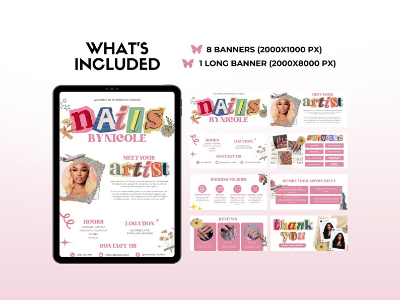 May include: A digital marketing kit for a nail salon called "Nails by Nicole". The kit includes 8 banners measuring 2000 x 1000 pixels and 1 long banner measuring 2000 x 8000 pixels. The banners feature a colorful, retro design with a photo of the nail artist and information about the salon, including hours, location, services, booking policies, and reviews.