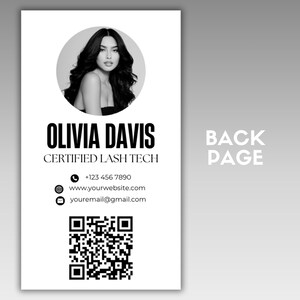 May include: A monochrome business card design. It features a woman's headshot in a circle, the name "Olivia Davis", and contact details. Includes a QR code and the words "Back Page".