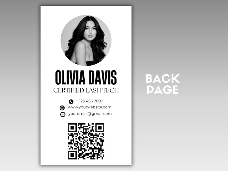 May include: A monochrome business card design. It features a woman's headshot in a circle, the name "Olivia Davis", and contact details. Includes a QR code and the words "Back Page".
