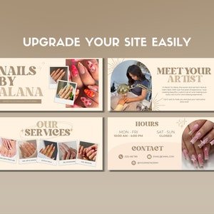 May include: A website banner for a nail salon called "Nails by Alana". The banner features photos of different nail designs, including a red and orange design, a pink and white design, and a pink and glitter design. The banner also includes the salon's hours of operation, contact information, and a description of the services offered.