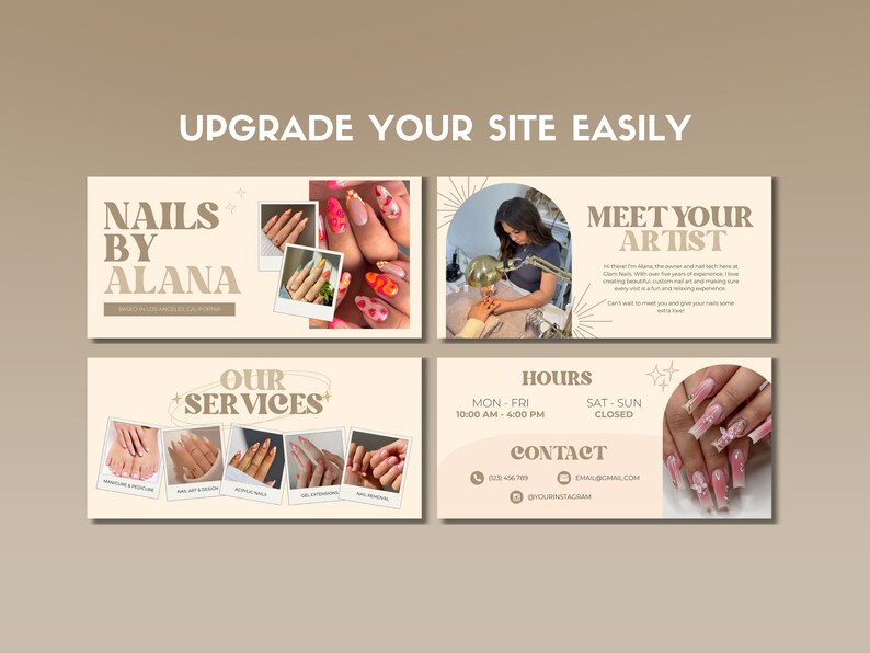 May include: A website banner for a nail salon called "Nails by Alana". The banner features photos of different nail designs, including a red and orange design, a pink and white design, and a pink and glitter design. The banner also includes the salon's hours of operation, contact information, and a description of the services offered.