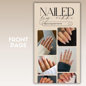 Op de afbeelding: Een collage van afbeeldingen die verschillende nagelontwerpen laten zien. De afbeeldingen tonen verschillende nagelvormen, kleuren en stijlen, waaronder nude, witte en zwarte nagels met geometrische patronen. De tekst "NAILED by nikki" en "@yourinstagramusername" wordt bovenaan de collage weergegeven.