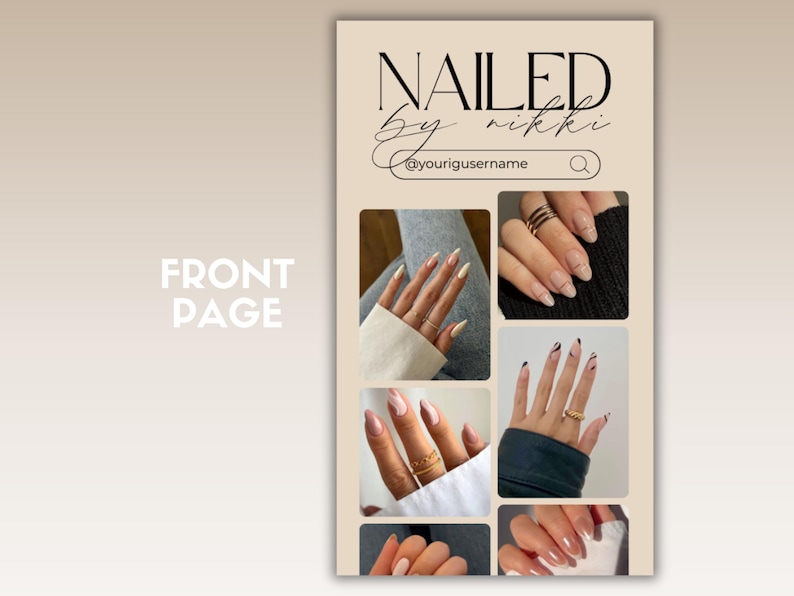 Op de afbeelding: Een collage van afbeeldingen die verschillende nagelontwerpen laten zien. De afbeeldingen tonen verschillende nagelvormen, kleuren en stijlen, waaronder nude, witte en zwarte nagels met geometrische patronen. De tekst "NAILED by nikki" en "@yourinstagramusername" wordt bovenaan de collage weergegeven.