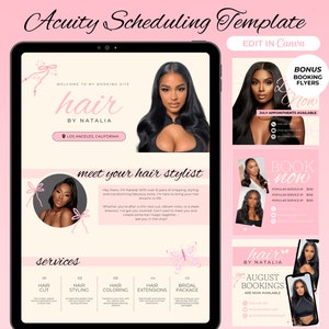 Könnte beinhalten: Eine rosa und weiße Website-Vorlage für einen Friseur. Die Vorlage zeigt ein Foto einer Frau mit langen schwarzen Haaren, den Text "hair by Natalia" und eine Liste der angebotenen Dienstleistungen. Die Vorlage enthält auch einen Call-to-Action, um einen Termin zu buchen.