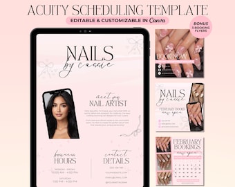 May include: A pink and white digital template for scheduling appointments for nail services. The template features a photo of a woman with long, dark hair and a pink background. The text "NAILS by casie" is written in a cursive font. The template also includes a calendar for February bookings, contact details, and business hours.