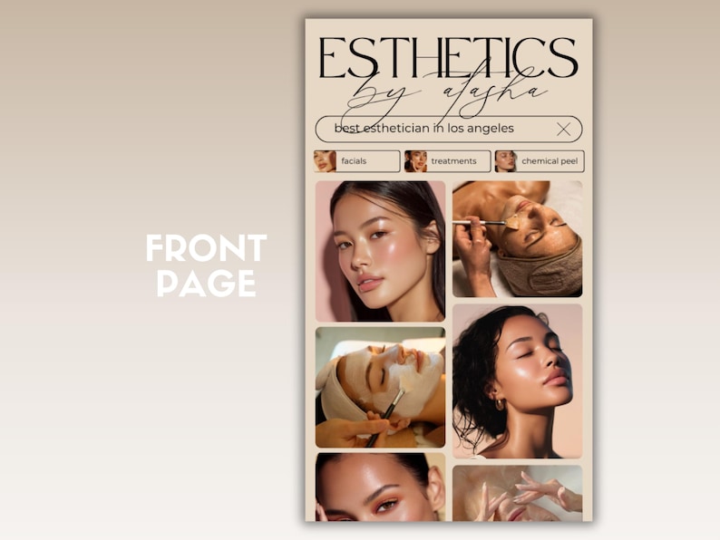 May include: A webpage design for an esthetics business, featuring the text "ESTHETICS by ajasha" and a search bar. The page includes images of facial treatments and the text "best esthetician in los angeles."