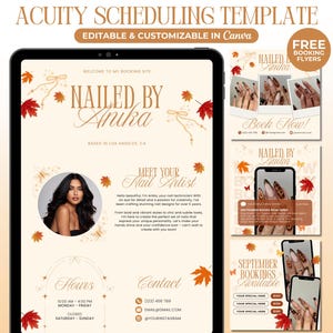 May include: A digital template for Acuity Scheduling, featuring a nail artist's branding. The design includes a photo, contact details, and booking information. The color scheme is beige and brown with autumn leaf accents.