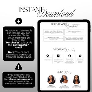 K&ouml;nnte beinhalten: Eine digitale Download-Grafik auf einem Tablet-Bildschirm mit den Worten "INSTANT Download" oben. Der Bildschirm zeigt Informationen zum Zugriff auf die Datei nach dem Kauf, einschlie&szlig;lich Anweisungen und einen Hinweis zu Downloads &uuml;ber die mobile App.