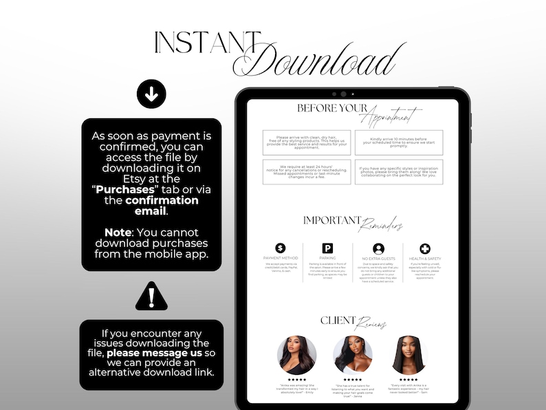 K&ouml;nnte beinhalten: Eine digitale Download-Grafik auf einem Tablet-Bildschirm mit den Worten "INSTANT Download" oben. Der Bildschirm zeigt Informationen zum Zugriff auf die Datei nach dem Kauf, einschlie&szlig;lich Anweisungen und einen Hinweis zu Downloads &uuml;ber die mobile App.