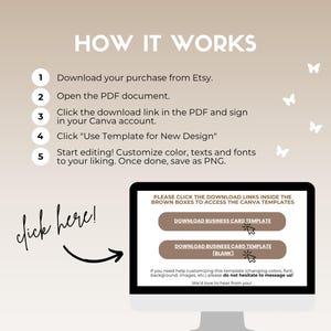 May include: A computer screen displays instructions for downloading a business card template. The text reads "How It Works" with numbered steps, including downloading from Etsy and using Canva. The screen shows two brown buttons labeled "Download Business Card Template".