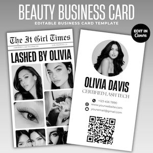 May include: A monochrome business card template for a beauty business. The card features the text "BEAUTY BUSINESS CARD" and "EDITABLE BUSINESS CARD TEMPLATE". One side has a newspaper-style design with the text "LASHED BY OLIVIA". The other side has a photo of a woman and contact details.